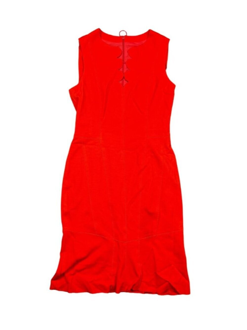 Akris Punto Red Sheath Dress US 6 Sleeveless Scalloped Neck Designer Midi Pencil